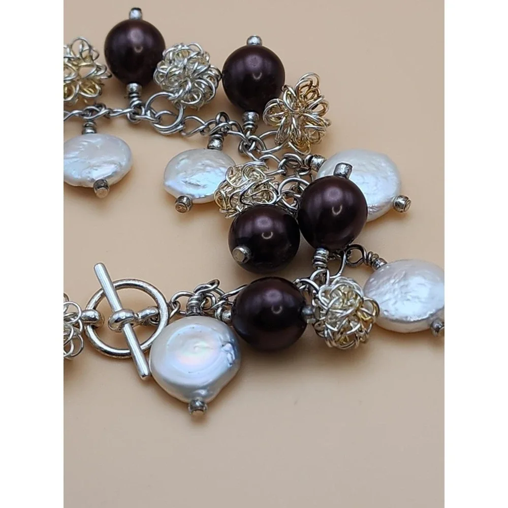 Vtg GENUINE Coin Pearl & Brown Glass Bead Bracelet Silver Wire Balls FREE $HIP!!